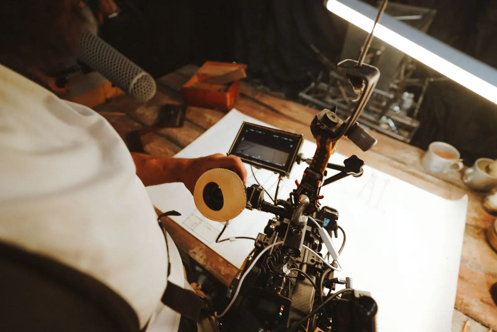 Close-up of a professional video camera rig set up for a content shoot